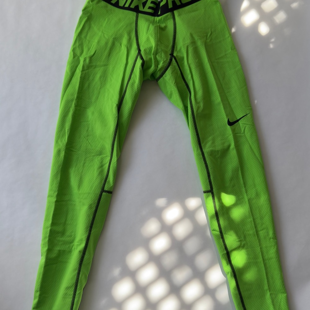 Nike Pro Dri-fit Neon Green Compression Pants with Black Logo Waistband